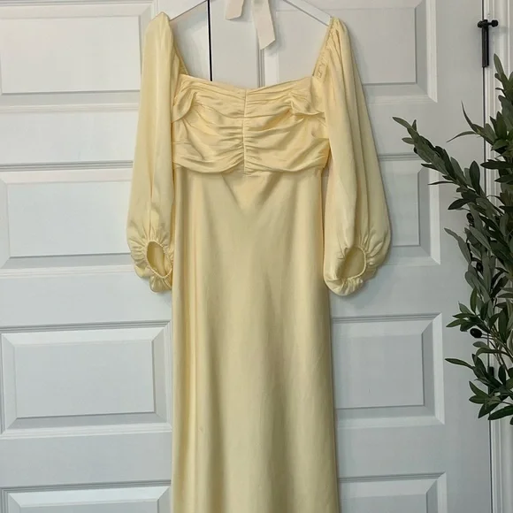 Shona joy Luxe Ruched Bodice Long Sleeve Midi Dress - Lemon